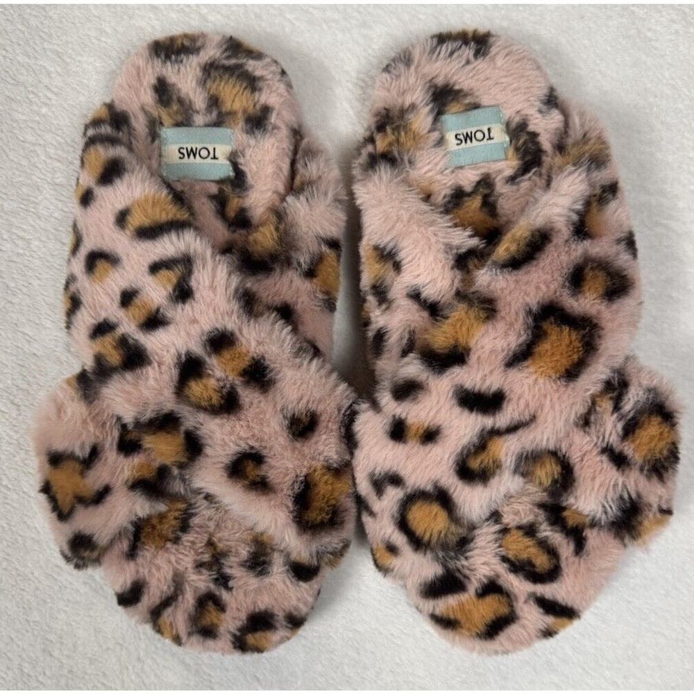 Toms Women's Susie Faux Fur Slip On Slippers Slides Pink Cheetah Sz 9 Cozy Soft